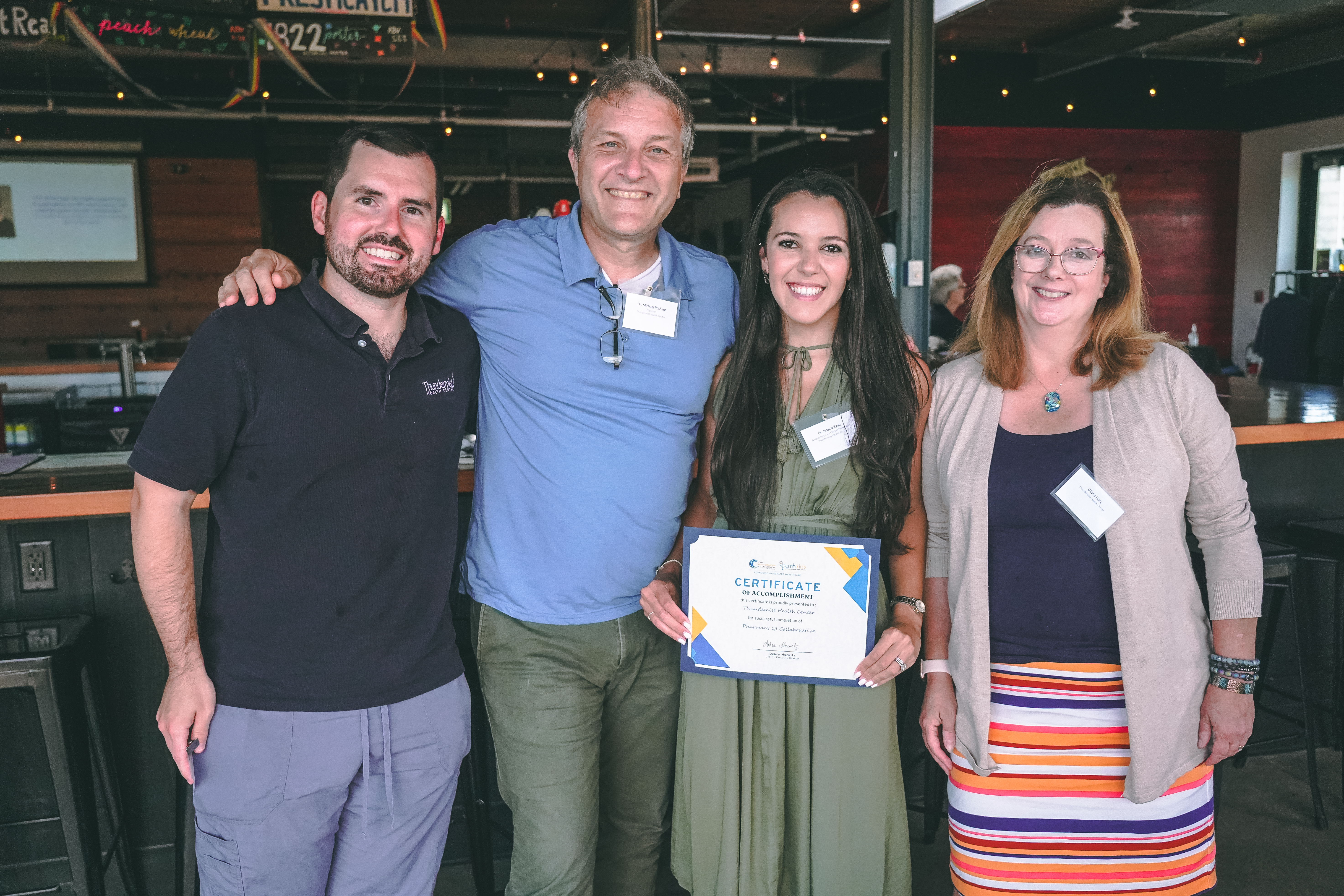 From left: Chris Durigan, PharmD, BCPS, CDOE,  Mike Poshkus, MD Jessica Ryan PharmD, BCACP, Gloria Rose, Thundermist